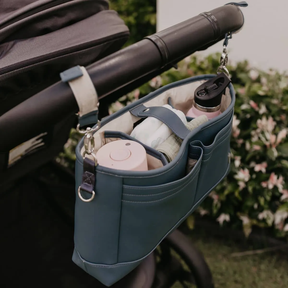 OiOi Vegan Leather Stroller Organiser/Pram Caddy - Stone Blue