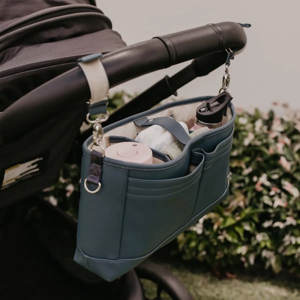 OiOi Vegan Leather Stroller Organiser/Pram Caddy - Stone Blue