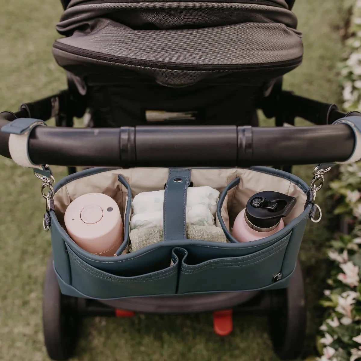 OiOi Vegan Leather Stroller Organiser/Pram Caddy - Stone Blue