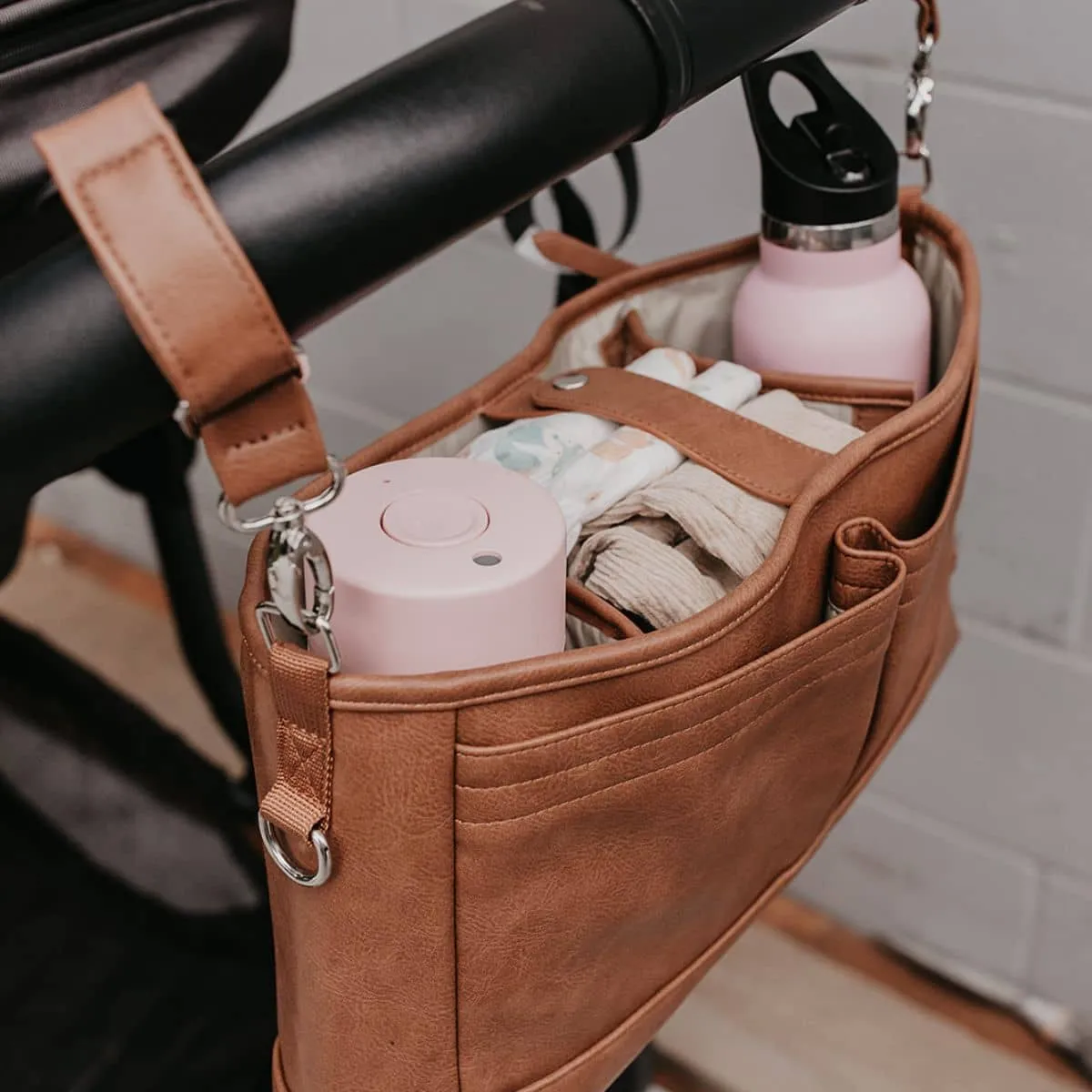 OiOi Vegan Leather Stroller Organiser/Pram Caddy - Tan