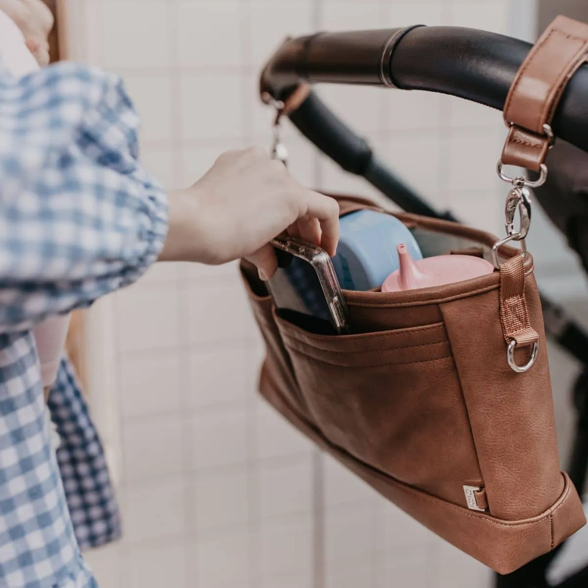 OiOi Vegan Leather Stroller Organiser/Pram Caddy - Tan