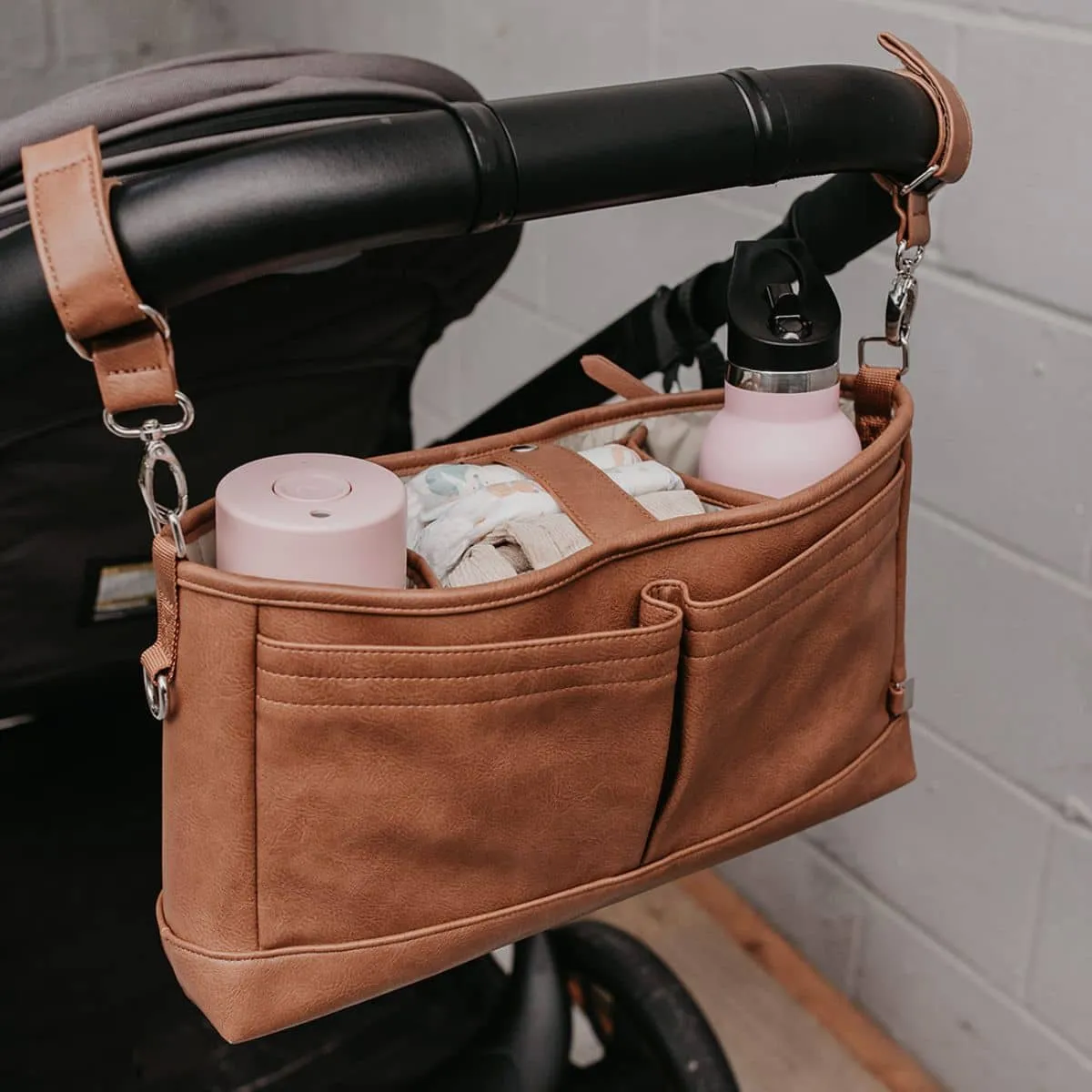 OiOi Vegan Leather Stroller Organiser/Pram Caddy - Tan